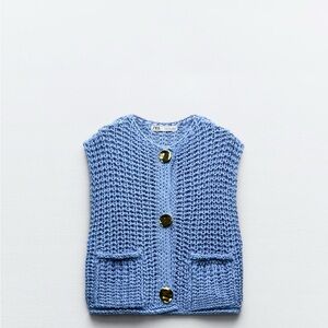 Zara Light Blue Knit Vest with Metallic Buttons